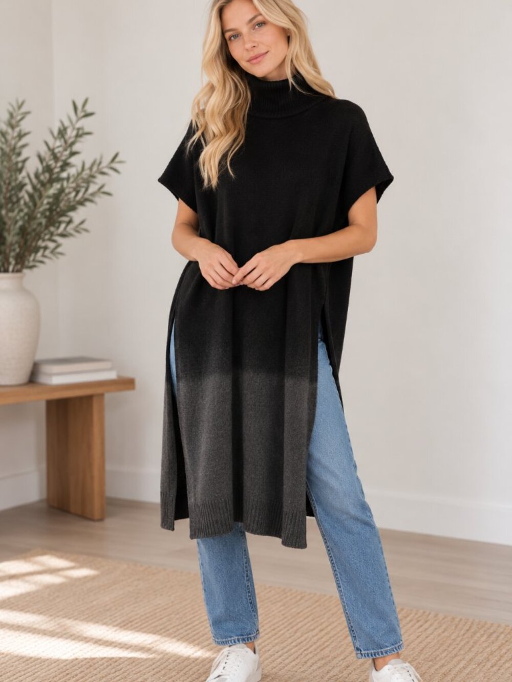 310. Ombre Dip Dyed Turtle Neck Poncho Sweater